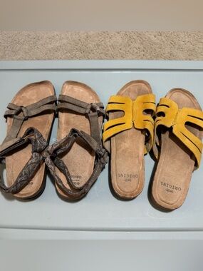 Earth Origins Yellow Suede Slide Sandals & Brown Strappy Sandals bundle